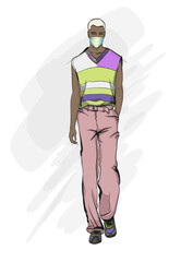 Fashion man. Sketch of a fashion aframerican man in a sweater on a white background. Summer man. Street style
