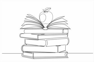 Continuous one line drawing of apple above books stack minimalist vector illustration design on white background. Isolated simple line modern graphic style. Hand drawn graphic concept for education