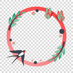 Round frame. Coral color frame. Frame with martlets and  butterflies. Spring frame with branches. Space for photo. Copy space frame.