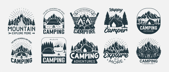 Set of camping lettering, adventure isolated hand drawn typography design for greeting print label poster vector illustration
