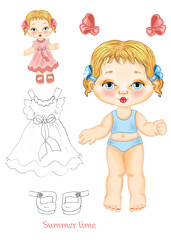 Freehand illustration on paper of a baby paper doll with clothes in black and white to color and cut out