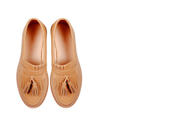 Leather women's light brown shoes standing together, isolated on a white background.Sale of seasonal women's classic shoes, business-style shoes.Care of genuine leather shoes, repair shop.