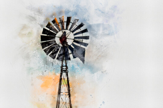Old windmill of a weather vapor with blades, watercolor art drawing