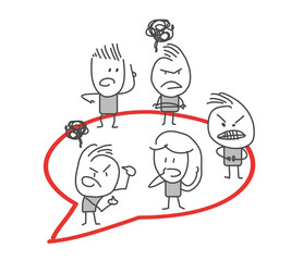 Stick figures. People with speech bubbles. Cartoon style. Social networks, news, social networks, chat, dialogue speech bubbles.