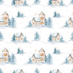Fototapeta premium Watercolor Merry Christmas seamless pattern snowman, christmas tree, santa holiday invitation. Christmas gift celebration cards. Winter new year design.
