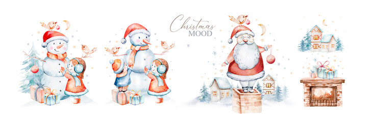 Watercolor Merry Christmas illustration with snowman, christmas tree, santa holiday invitation. Christmas gift celebration cards. Winter new year design. - obrazy, fototapety, plakaty