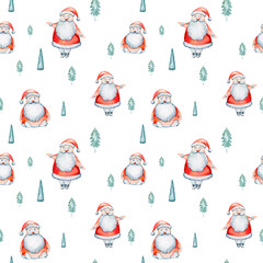 Watercolor Merry Christmas seamless pattern snowman, christmas tree, santa holiday invitation. Christmas gift celebration cards. Winter new year design.