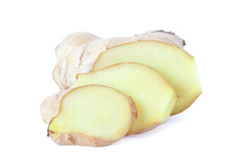 sliced fresh ginger isolated on white background
