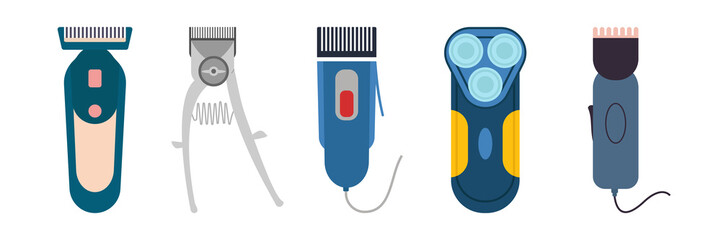 Illustration of hair clipper. Electric shaver and old hair clipper vector icon set - obrazy, fototapety, plakaty