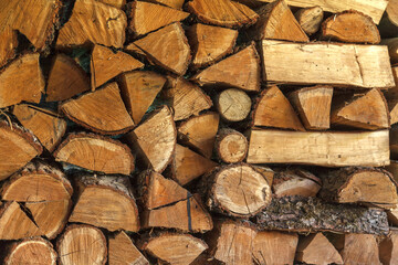 Logs made of dry wood. Close up photo of many firewood evenly laid against the wall. Beautiful texture.