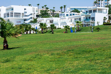 Outdoor resort zone with football field  in the hotel on Greece islands 
