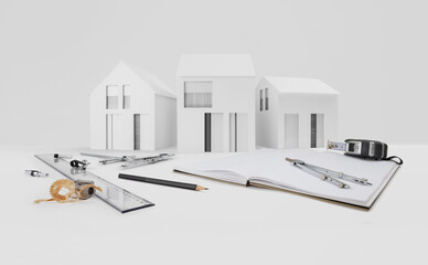 architectural model of houses on desk with technical drawing tools, isolated on white background,...