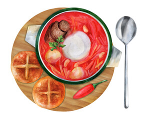 Borscht with sour cream and garlic donuts