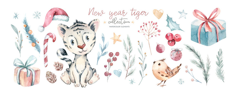 Watercolor babyTiger. Symbol of the New year 2022. Watercolor Cute cartoon animal. Christmas party decoration. chinese calendar, invitation card