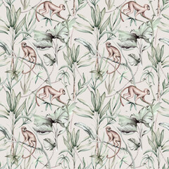 Fototapety  Tropical watercolor birds hummingbird, monkey and jaguar, exotic jungle plants palm banana leaves flowers, flamingo pastel color seamless pattern fabric background