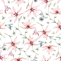 Tropical watercolor birds hummingbird, monkey and jaguar, exotic jungle plants palm banana leaves flowers, flamingo pastel color seamless pattern fabric background © kris_art