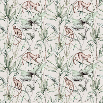 Tropical watercolor birds hummingbird, monkey and jaguar, exotic jungle plants palm banana leaves flowers, flamingo pastel color seamless pattern fabric background
