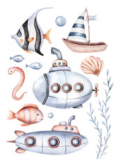 Set of sea animals. Blue watercolor ocean fish, turtle, whale and coral. Shell aquarium mermaid submarine. Nautical dolphin marine illustration, jellyfish, starfish