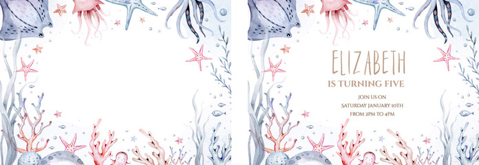 Obraz premium Underwater baby shower templates. Blue watercolor submarine ocean fish, turtle, whale and coral. Shell aquarium background. Nautical snorkeling, diving dolphin marine illustration, jellyfish, starfish