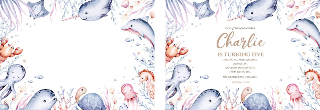 Underwater baby shower templates. Blue watercolor submarine ocean fish, turtle, whale and coral. Shell aquarium background. Nautical snorkeling, diving dolphin marine illustration, jellyfish, starfish