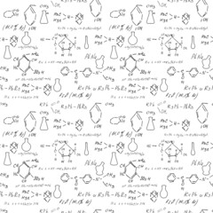 Fototapeta na wymiar Chemistry seamless pattern with handwriting of various formulas and molecules structures and diagrams. Atom geometry. College lectures. Scientific study as former Alchemy. Vector.