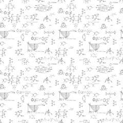 Hand draw chemistry pattern on white background. Back to School seamless pattern. Science lab subject. Education notes in exercise book page. Chemical study paper. Endless illustration. Vector.