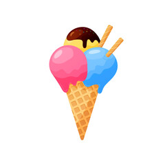 Ice cream cone with chocolate. Vector illustration. Dessert. Gelato.