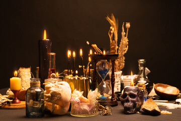 Occult and esoteric witch doctor still life. Selective focus. Halloween background with magic...