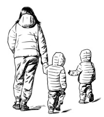 Hand drawing of mother with his twins kids walking outdoors