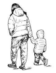 Fototapeta na wymiar Hand drawing of townsman with his kid walking outdoors