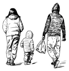 Hand drawing of young family with little child walking outdoors
