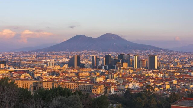 Naples, Italy with the financial district skyline under Mt. Vesuvius