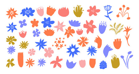 Colorful hand drawn floral elements with doodle flower pistils on white background, modern landscape creator
