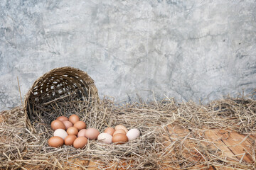 many organic eggs from hens that eat natural food on a straw with basket basketry on a wooden floor with background copy space bare plaster or loft style.