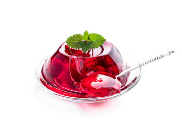 Fruit jelly with fresh cherry isolated on white