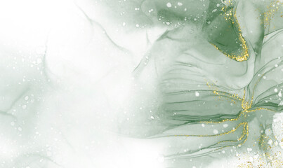 green watercolor background drawn by brush. Green paints spilled on paper. Golden shiny veins and Liquid marble texture. Fluid art luxury wallpaper for design, print, invitations.