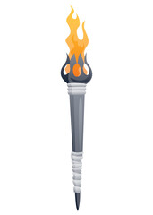 Medieval torch with burning fire. Ancient realistic metal torch with flame. Cartoon game element vector illustration