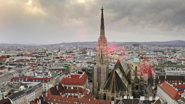 Vienna city view beautiful sightseeing from aerial drone overview of Austria capital with historical imperial architectural buildings Stephan gothic church catholic cathedral dome touristic landscape