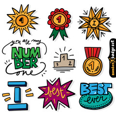 number one colorful linear doodle badge set star number medal text vector black and white illustration isolated on white background