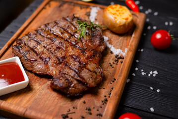 beef fried steak with potatoes and tomato sauce