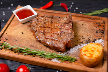 beef fried steak with potatoes and tomato sauce