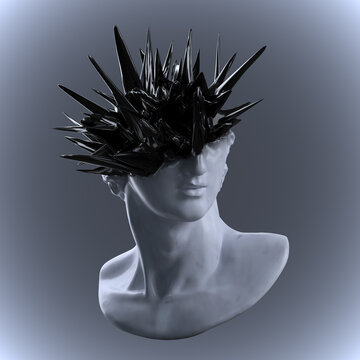 3D rendering illustration of a broken marble fragment of head sculpture in classical style with black ferrofluid like matter exploding from broken side and isolated on grey background.