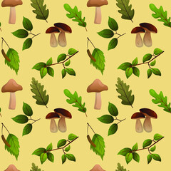 Vector pattern with mushrooms and leaves