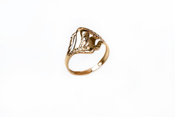 female gold ring on white background
