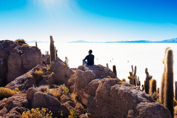 Man sitting on cactus island in the middle of Uyuni salt flat