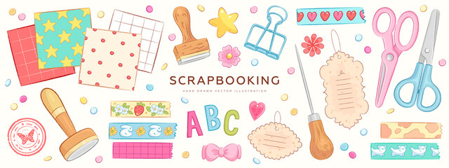 Collection of hand drawn art supplies for scrapbooking isolated on background. Vector illustration - obrazy, fototapety, plakaty