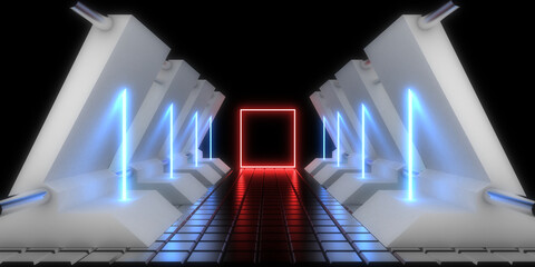 3D abstract background with neon lights. neon tunnel  .space construction . .3d illustration