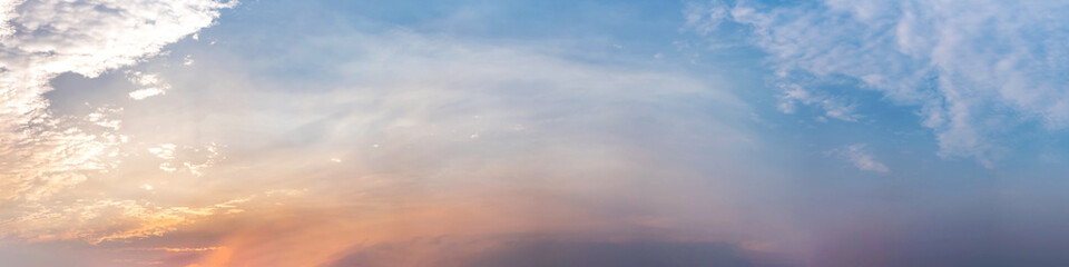 Dramatic panorama sky with cloud on sunrise and sunset time. Panoramic image.