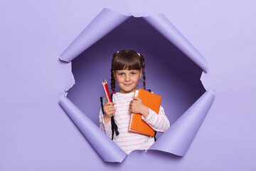 Indoor shot of little girl with pigtails wearing striped shirt breaks through purple paper...