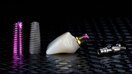 Demo Dental implant and real implant with a nearby ceramic coroniony on a textured black background - obrazy, fototapety, plakaty